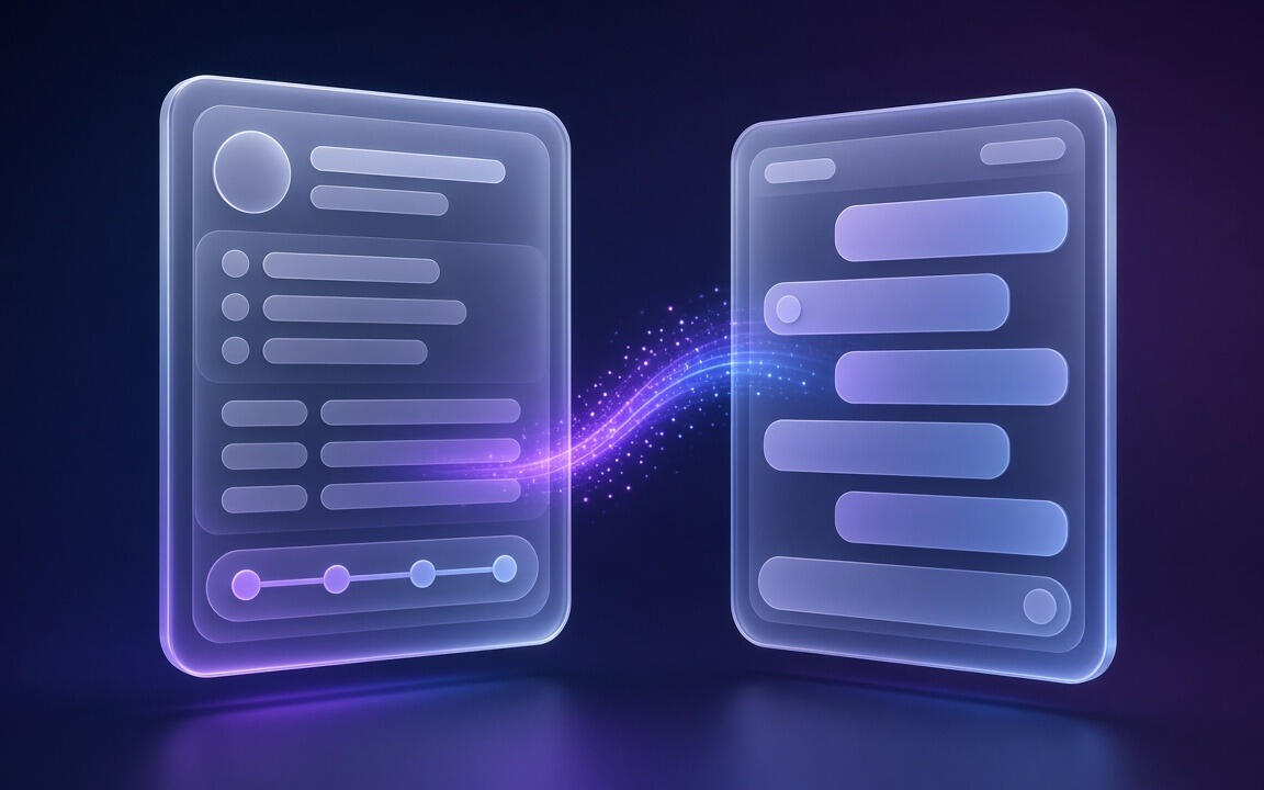 A CRM record panel and an AI assistant panel joined by a glowing violet bridge